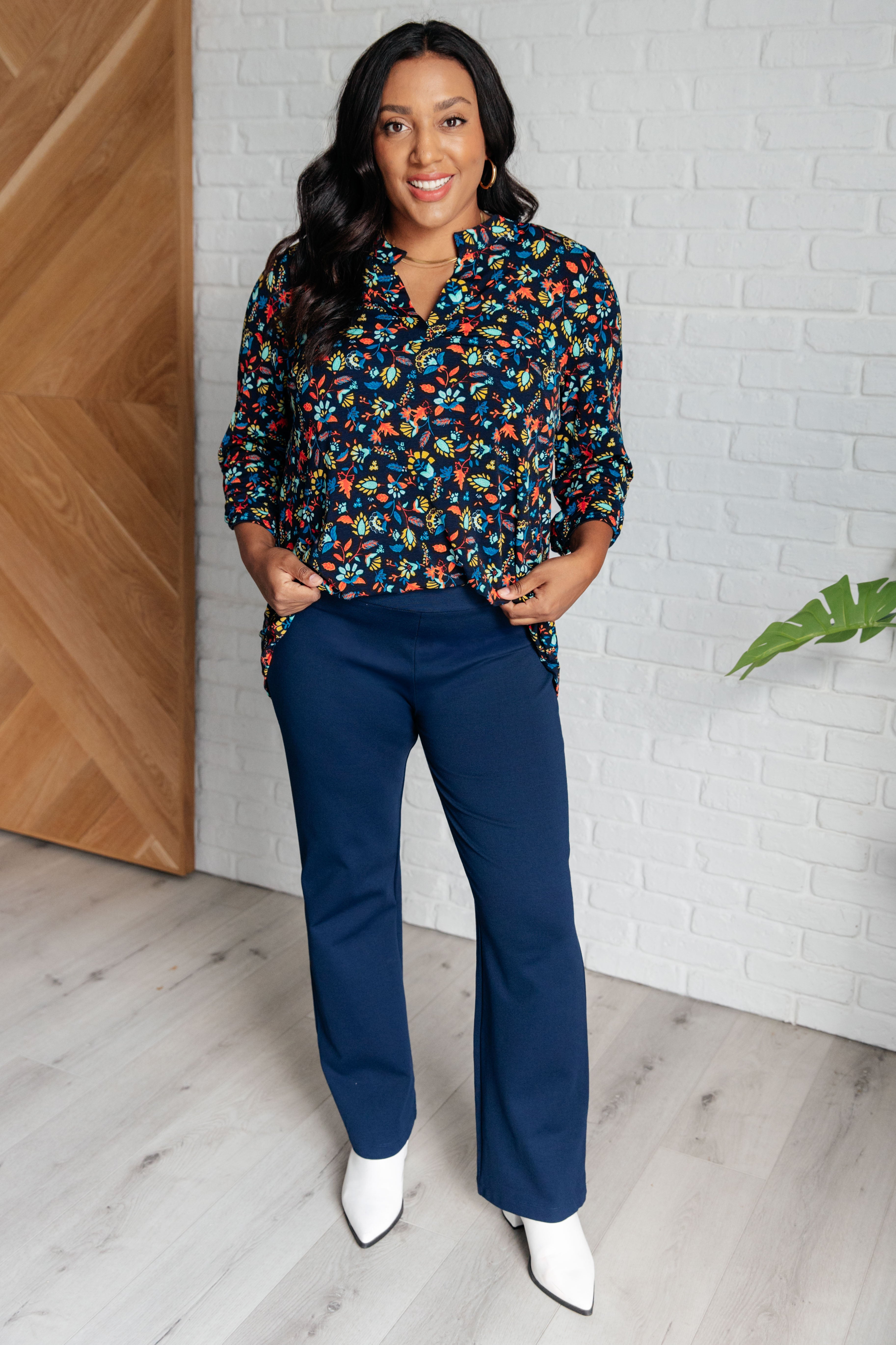 Lizzy Dear Scarlett Top in Navy and Teal Multi Floral