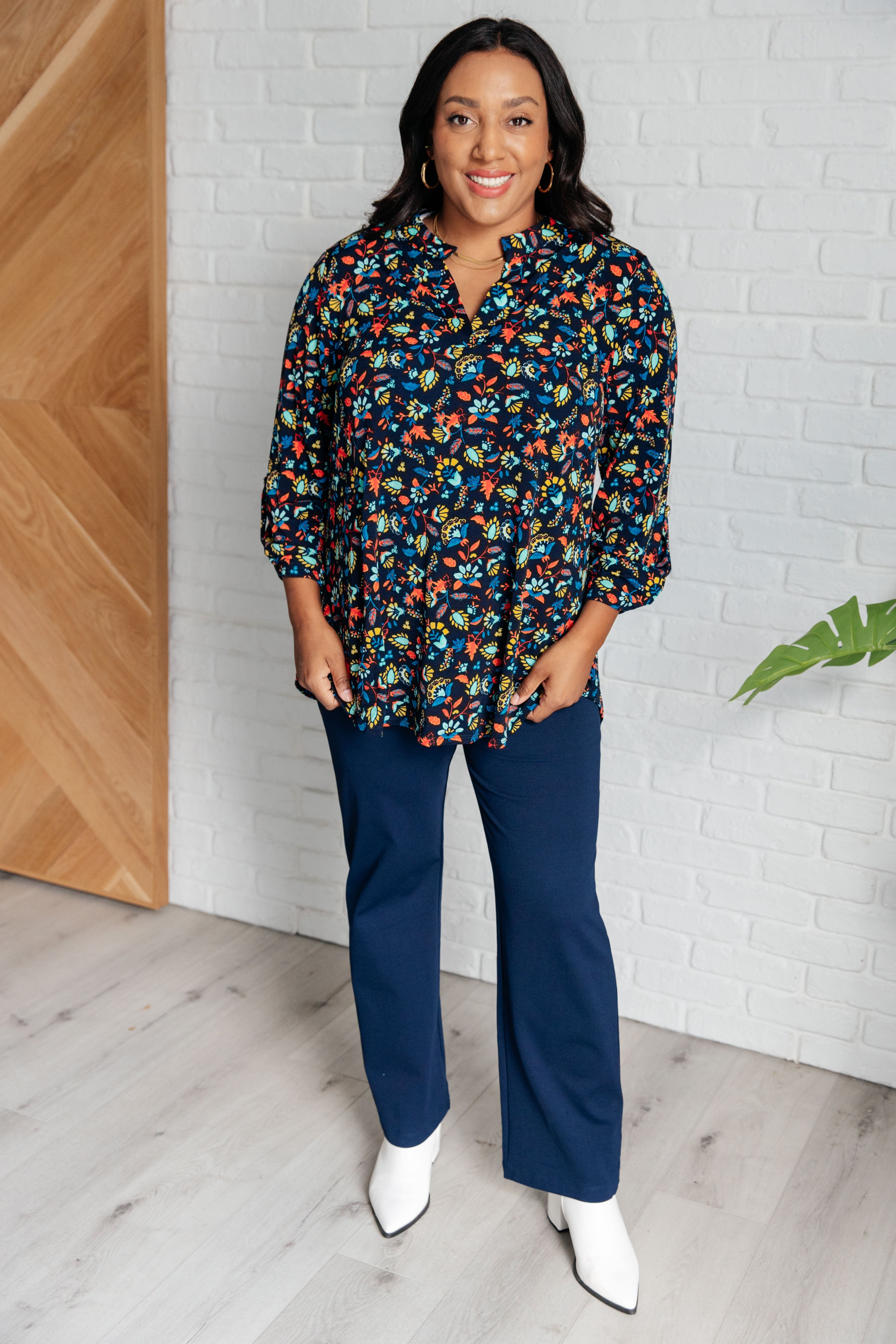 Lizzy Dear Scarlett Top in Navy and Teal Multi Floral