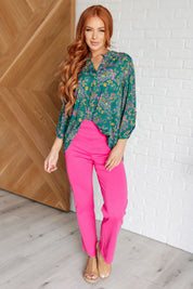 Lizzy Dear Scarett Top in Teal and Purple Floral Paisley