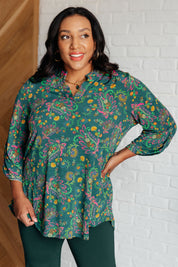 Lizzy Dear Scarett Top in Teal and Purple Floral Paisley