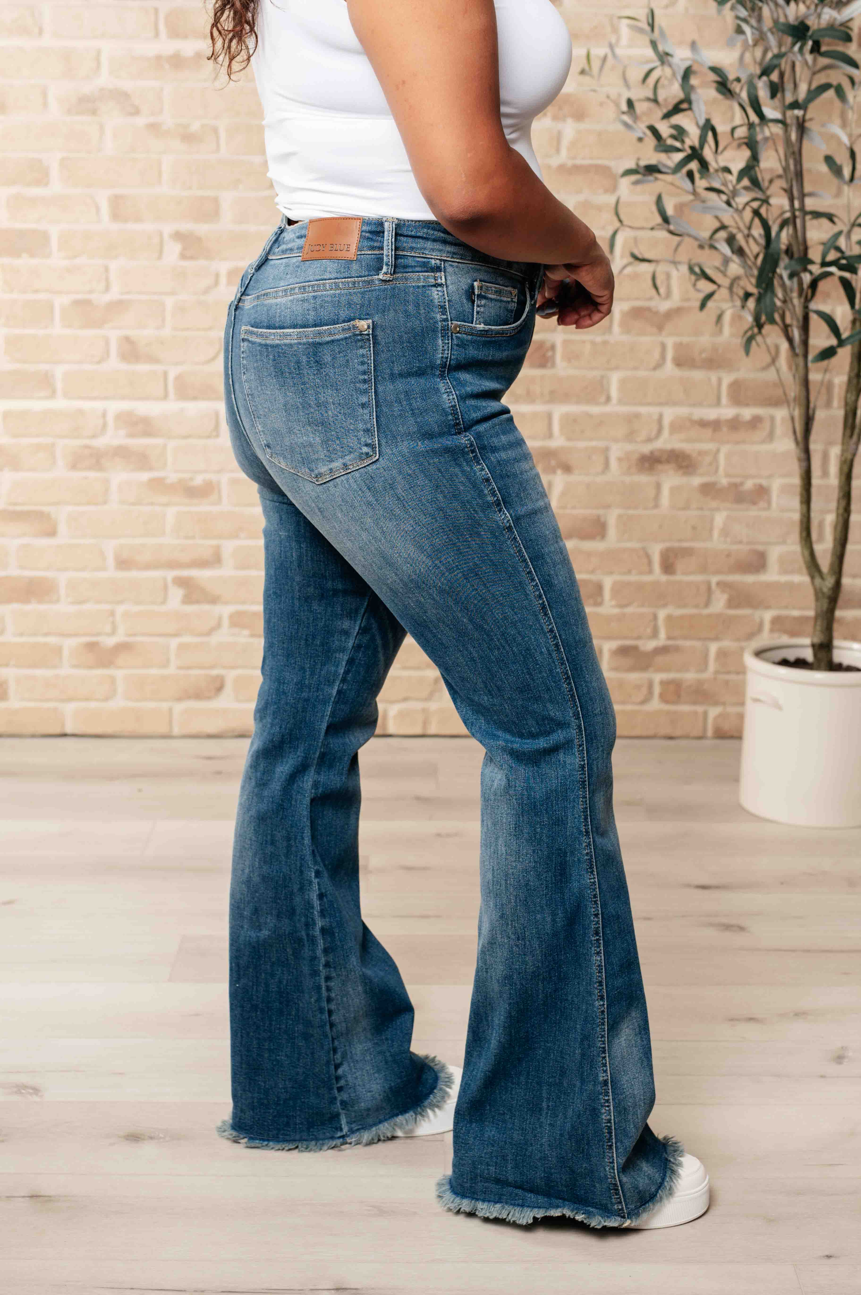 High Rise Tummy Control Frayed Hem Judy Blue Flare Jeans