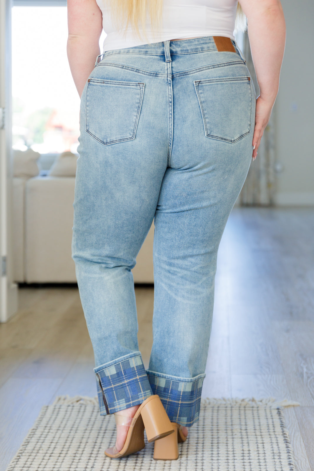 High Rise Plaid Cuff Vintage Straight Judy Blue Jeans