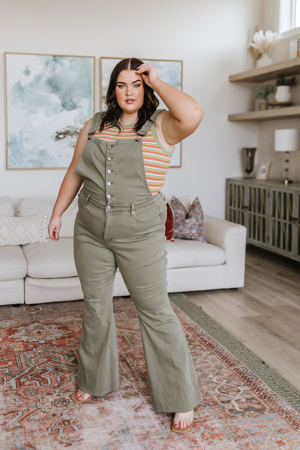 Olivia Control Top Release Hem Judy Blue Flare Overalls in Olive