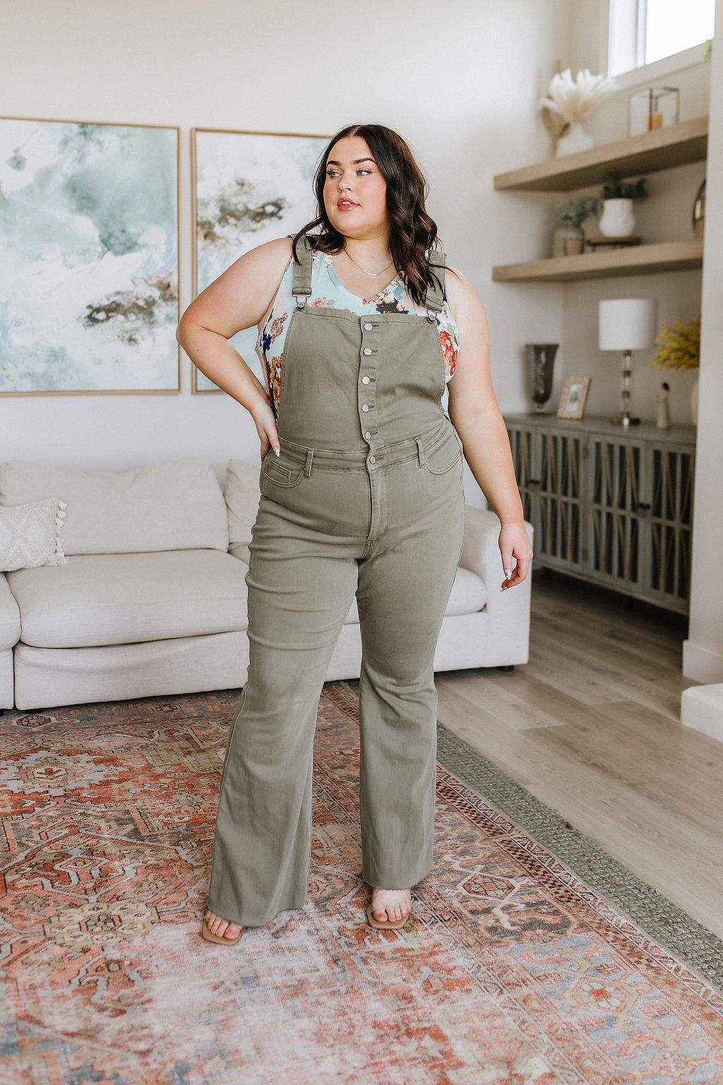 Olivia Control Top Release Hem Judy Blue Flare Overalls in Olive