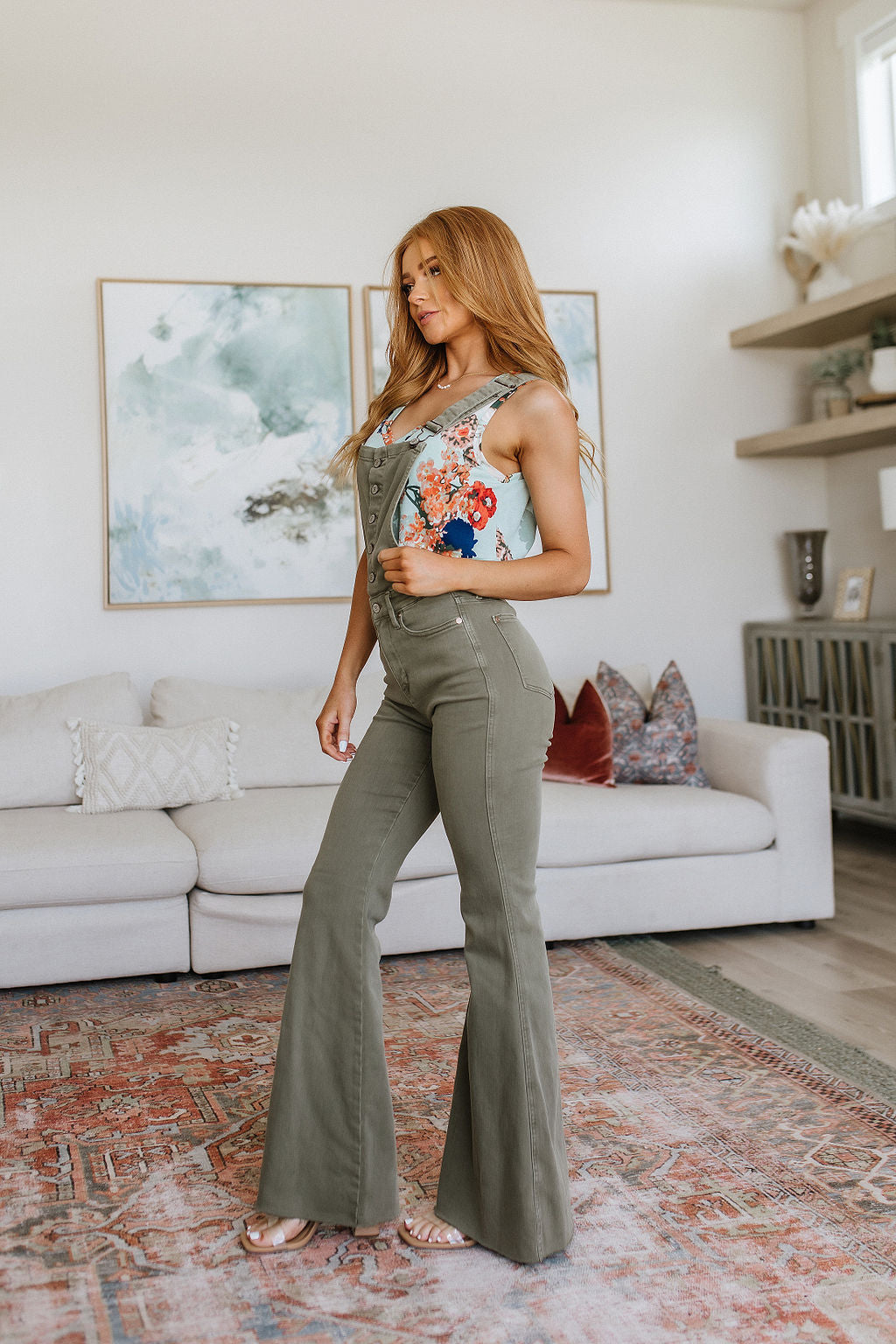 Olivia Control Top Release Hem Judy Blue Flare Overalls in Olive