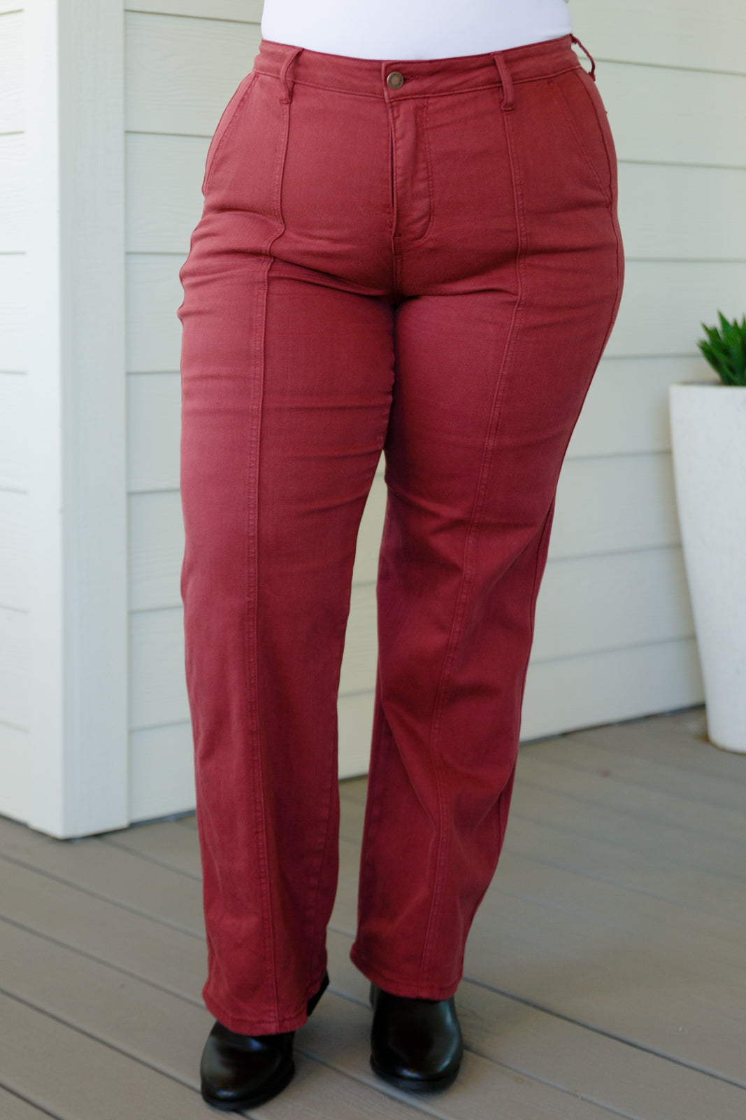 High Rise Front Seam Straight Judy Blue Jeans in Burgundy