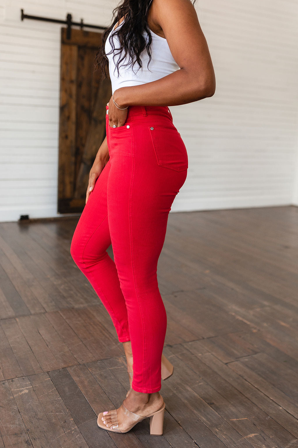 Ruby High Rise Tummy Control Garment Dyed Skinny Jeans in Red