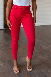 Ruby High Rise Tummy Control Garment Dyed Skinny Jeans in Red