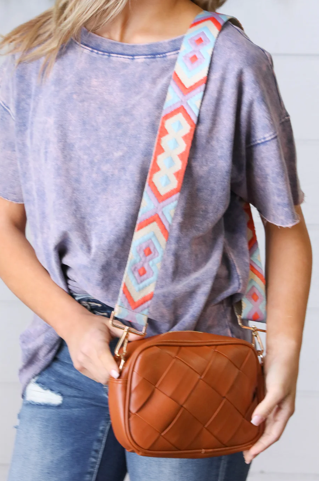 Camel Woven Faux Leather Guitar Strap Crossbody Bag *FINAL SALE*