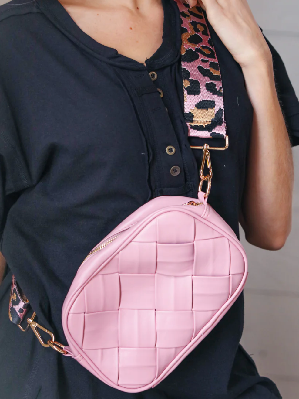 Pink Woven Faux Leather Guitar Strap Crossbody Bag *FINAL SALE*