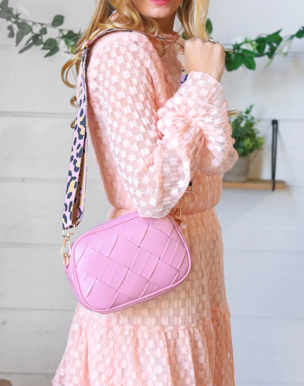 Pink Woven Faux Leather Guitar Strap Crossbody Bag *FINAL SALE*