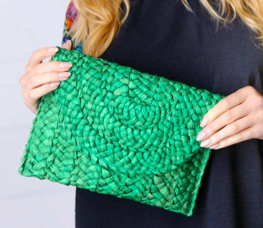 Woven top raffia clutch
