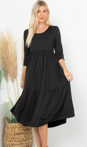 Essential 3/4 Sleeve Tiered Midi Dress - Black *FINAL SALE* SMALL ONLY!*
