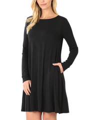 Essential Long Sleeve Flare Dress with Pockets - Black