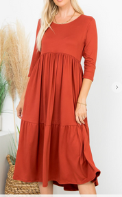 Essential 3/4 Sleeve Tiered Midi Dress - Rust *2X ONLY!* FINAL SALE*