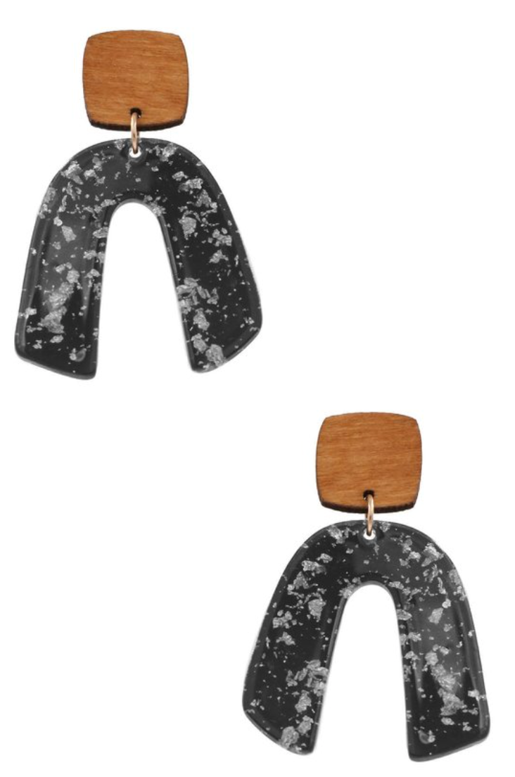 Acrylic Crescent Wood Square Foil Earrings *Final Sale*