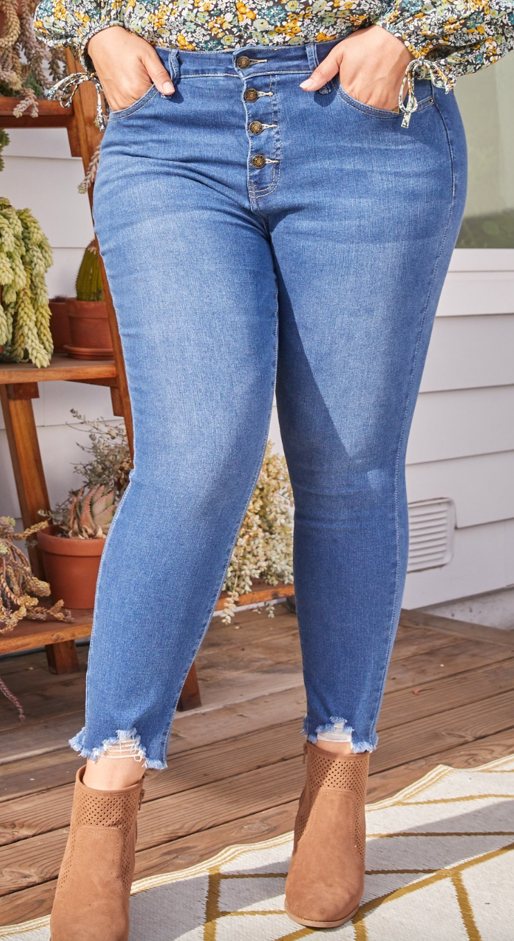 High Rise Distressed Hem Tummy Control Skinny Jeans by RFM - Medium Wash