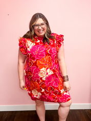 True Love Pink & Red Floral Smocked Ruffle Sleeve Dress