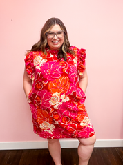 True Love Pink & Red Floral Smocked Ruffle Sleeve Dress