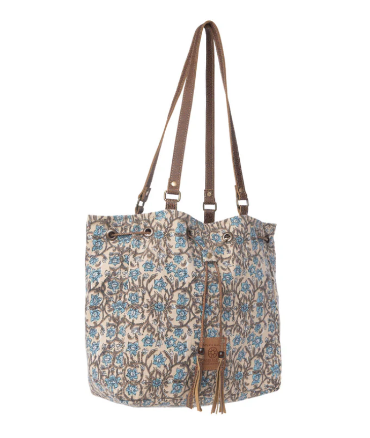 Myra | Southern Bloom Cotton & Leather Bucket Bag in Oasis Cream *FINAL SALE*