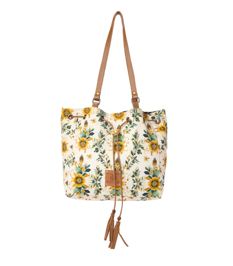 Myra | Southern Bloom Cotton & Leather Bucket Bag in Chestnut Beige *FINAL SALE*