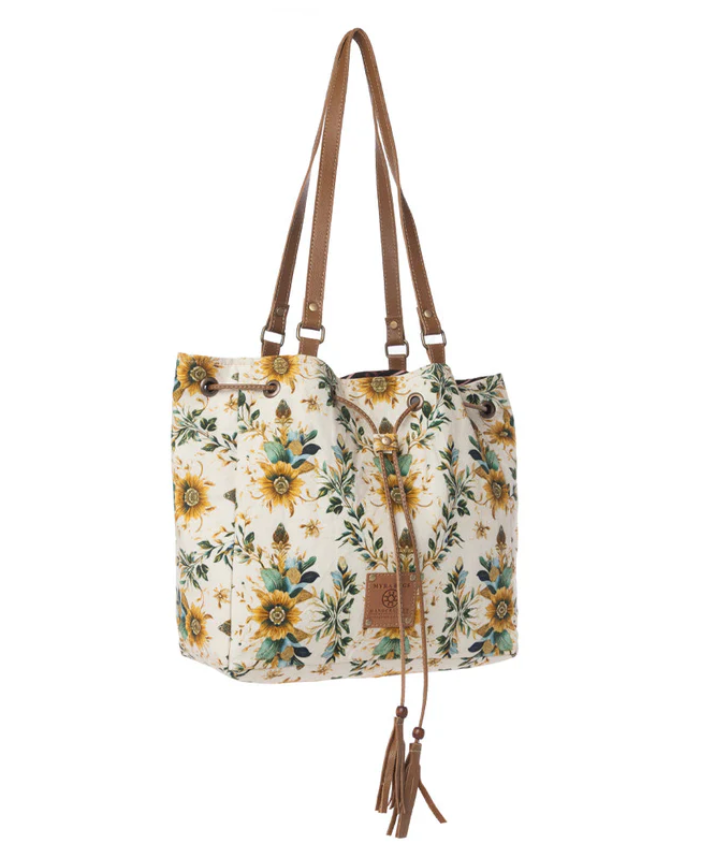 Myra | Southern Bloom Cotton & Leather Bucket Bag in Chestnut Beige *FINAL SALE*