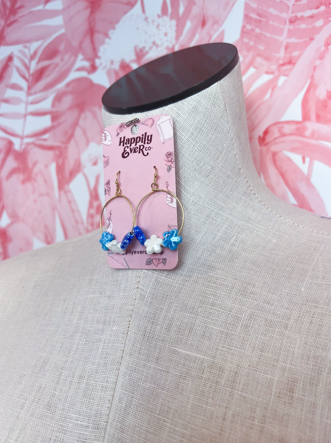 Colorful Ceramic Flower Drop Earrings in Blue
