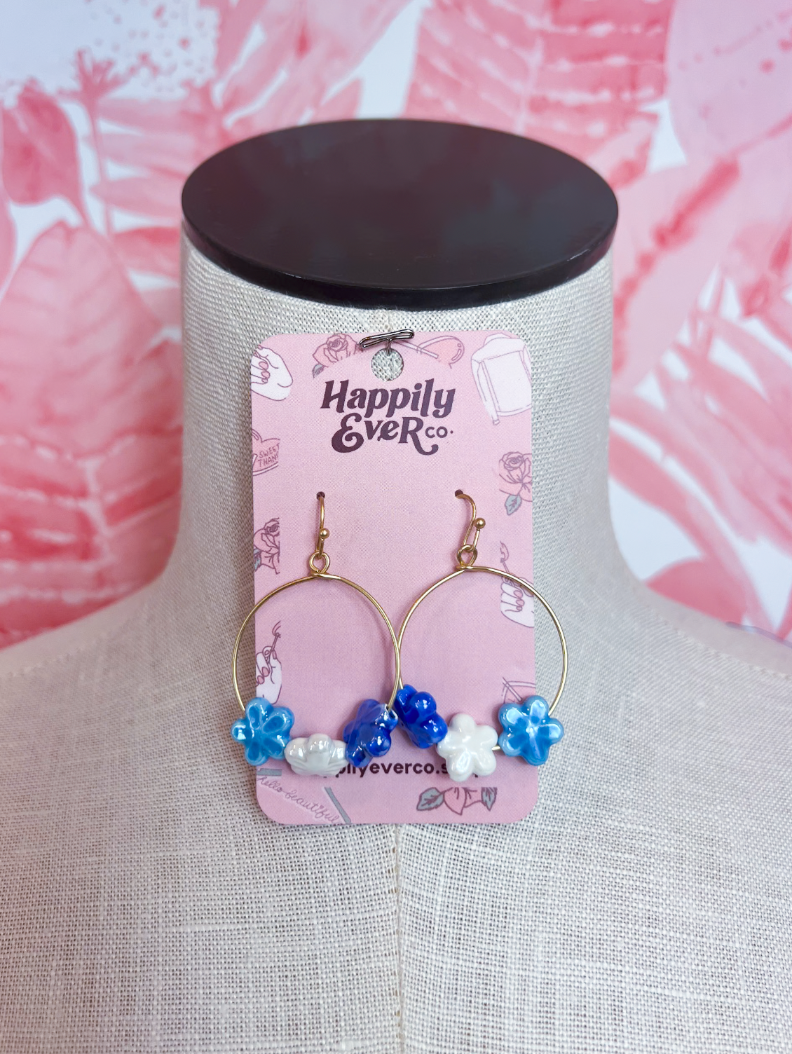 Colorful Ceramic Flower Drop Earrings in Blue