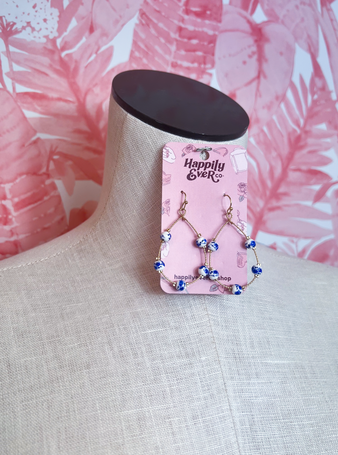 Porcelain Bead Teardrop Earrings in Gold-Blue-White *Final Sale*