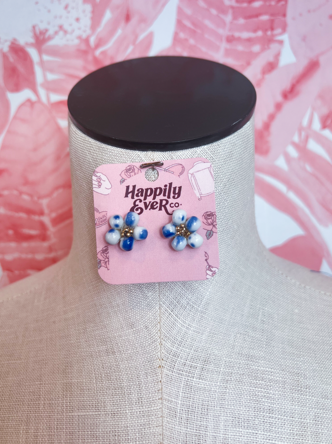 Ceramic Beaded Flower Stud Earrings in Blue & White *Final Sale*