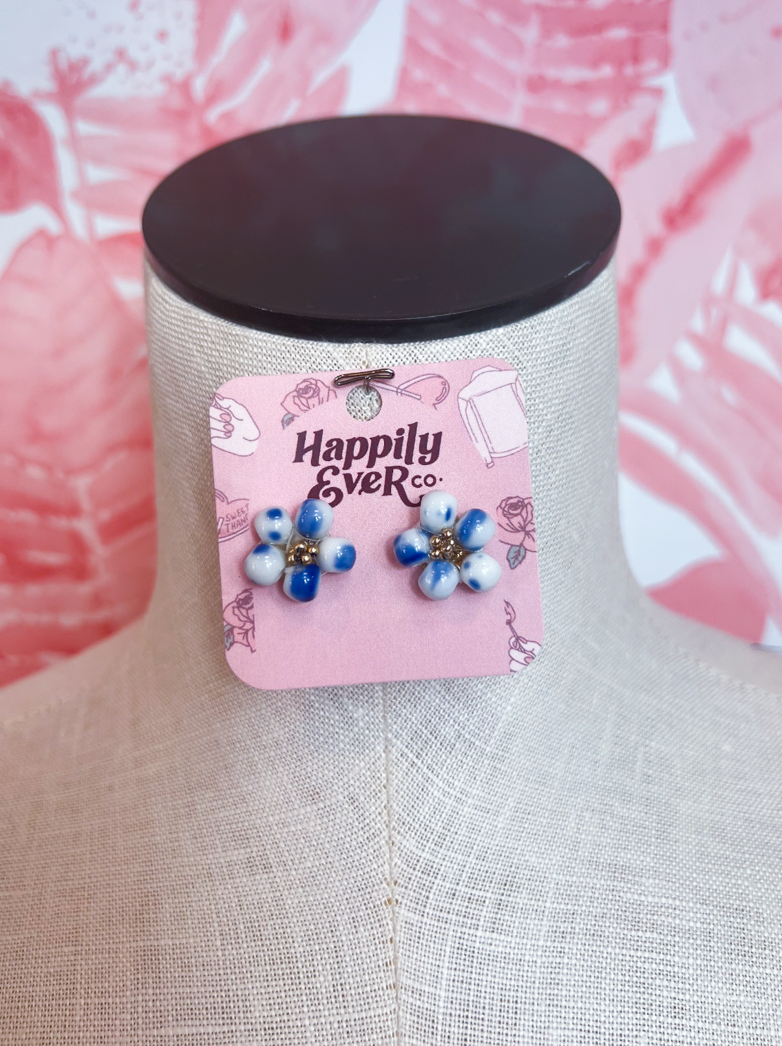 Ceramic Beaded Flower Stud Earrings in Blue & White *Final Sale*