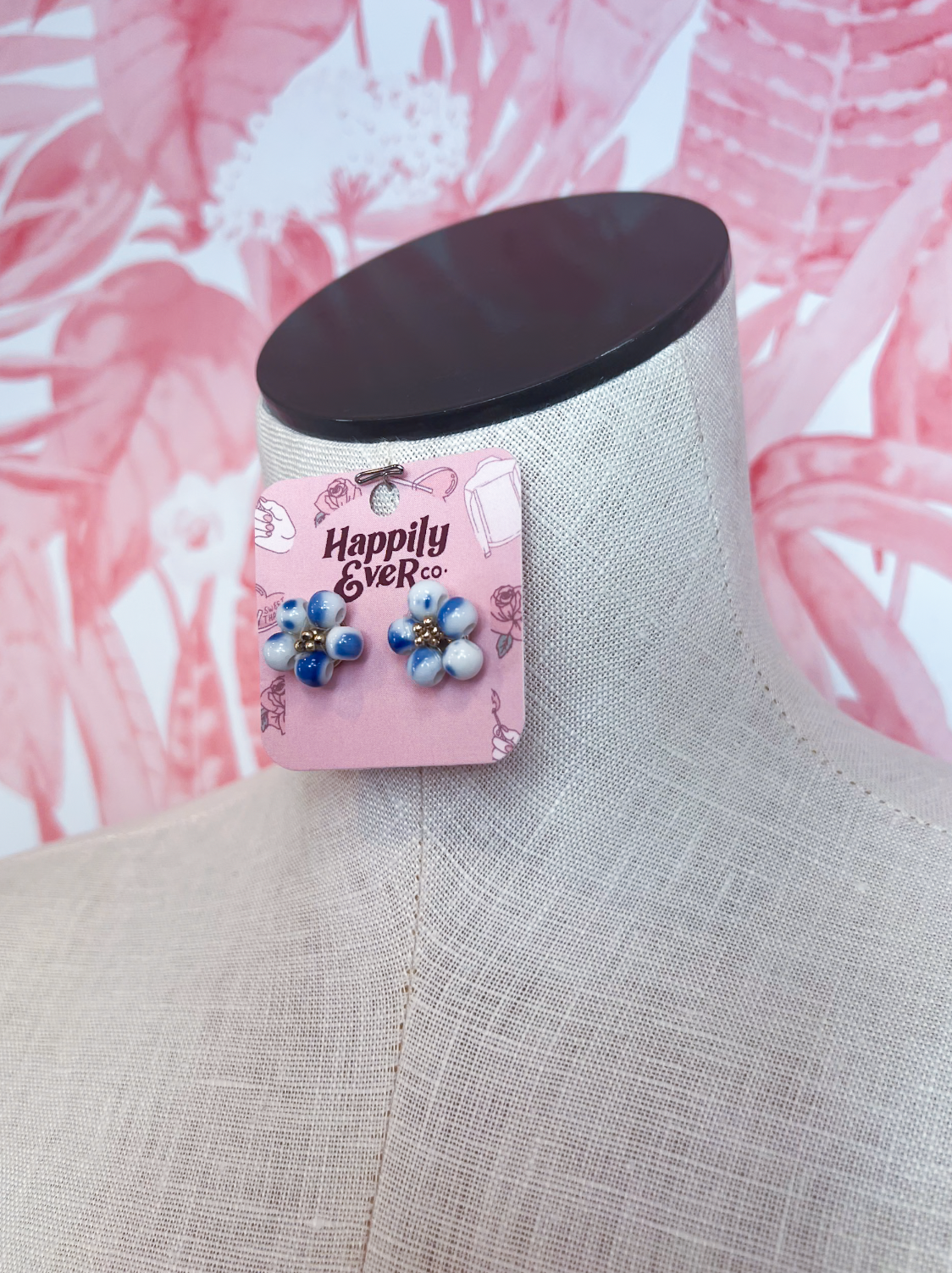 Ceramic Beaded Flower Stud Earrings in Blue & White *Final Sale*