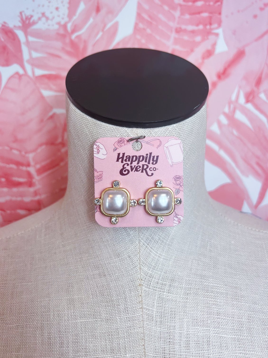 Color Square Rhinestone Acrylic Stud Earrings in Cream Pearl *Final Sale*