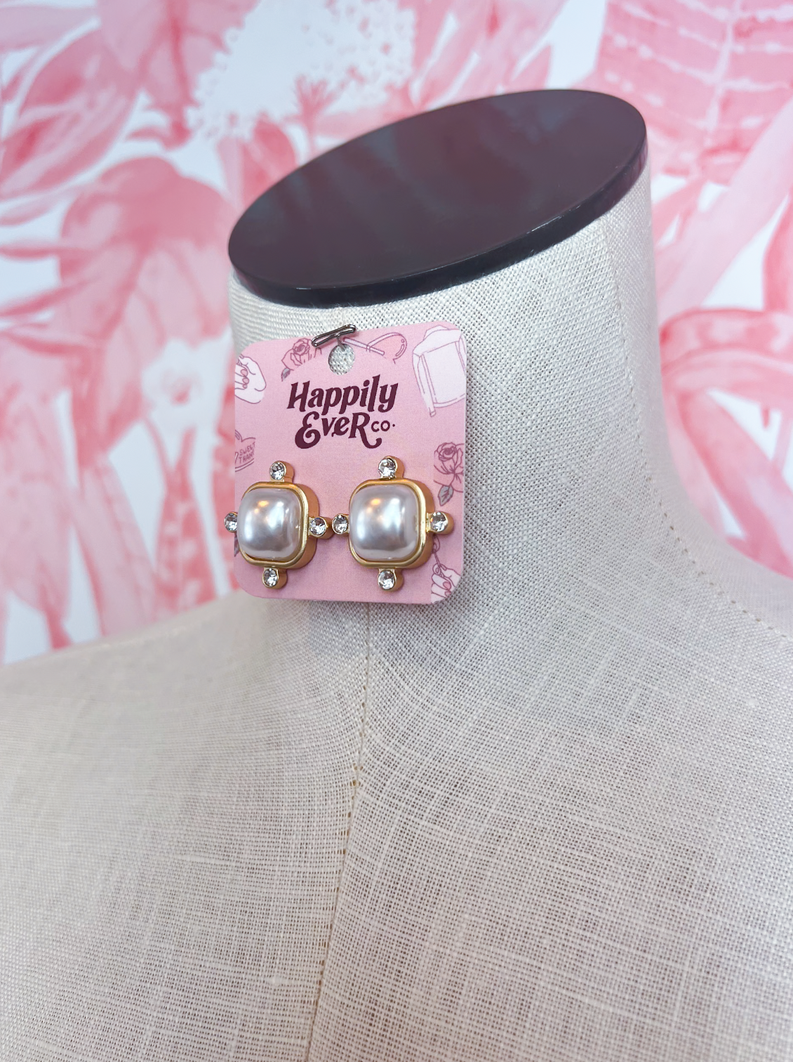 Color Square Rhinestone Acrylic Stud Earrings in Cream Pearl *Final Sale*