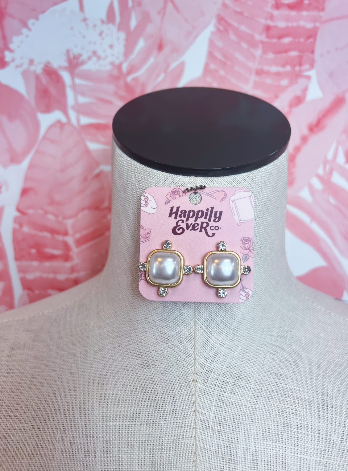 Color Square Rhinestone Acrylic Stud Earrings in Cream Pearl *Final Sale*