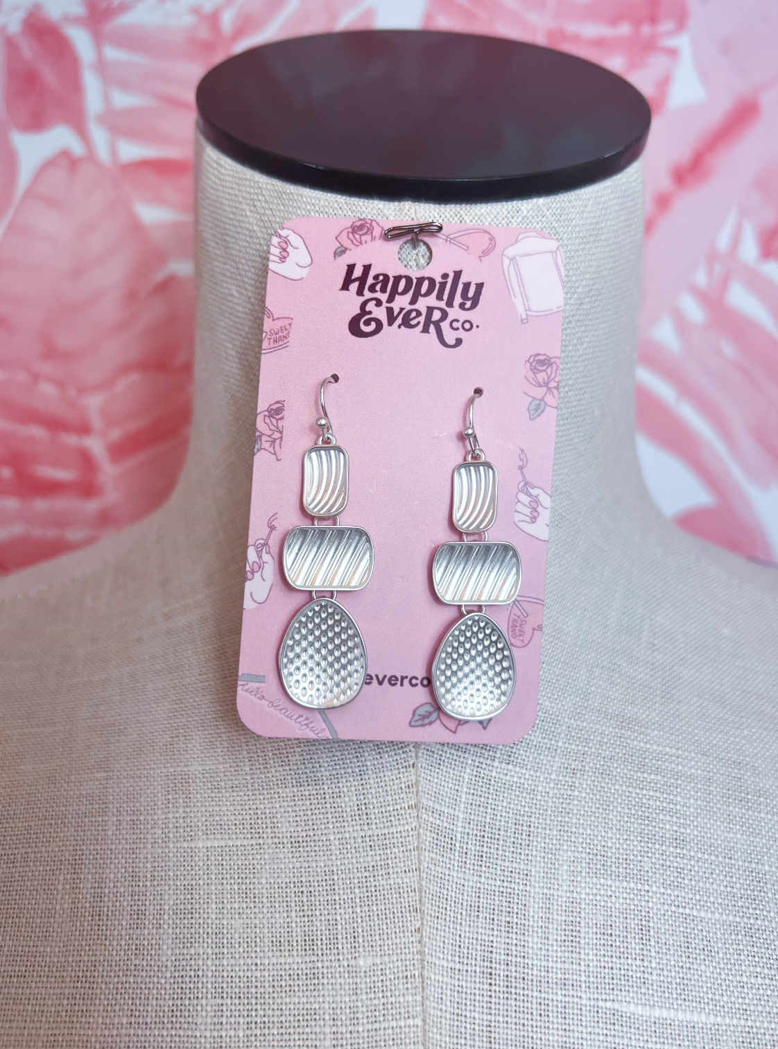 Trio Textured Shapes Linked Drop Earrings in Matte Silver *Final Sale*