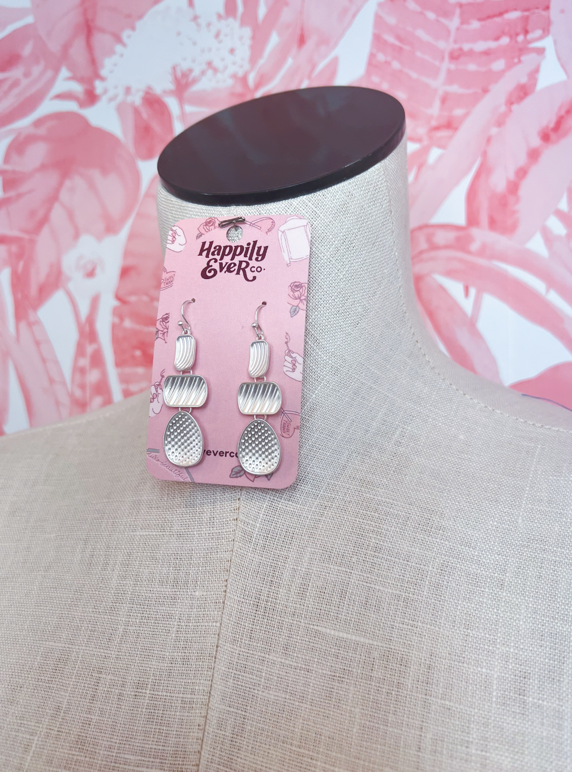 Trio Textured Shapes Linked Drop Earrings in Matte Silver *Final Sale*
