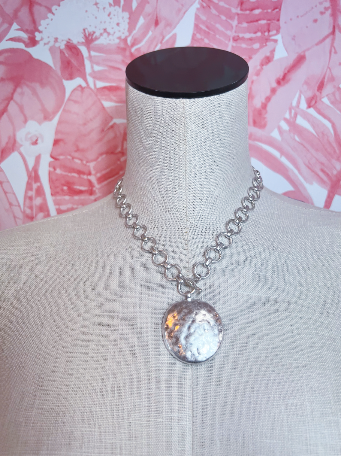 Hammered Metal Coin Pendant Toggle Necklace in Worn Silver *Final Sale*