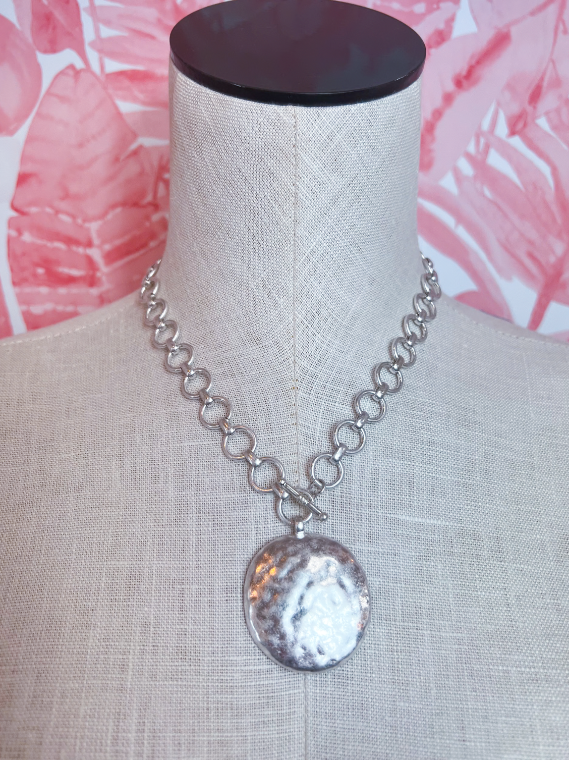 Hammered Metal Coin Pendant Toggle Necklace in Worn Silver *Final Sale*
