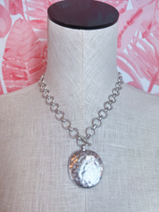 Hammered Metal Coin Pendant Toggle Necklace in Worn Silver *Final Sale*
