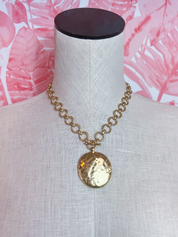 Hammered Metal Coin Pendant Toggle Necklace in Worn Gold *Final Sale*
