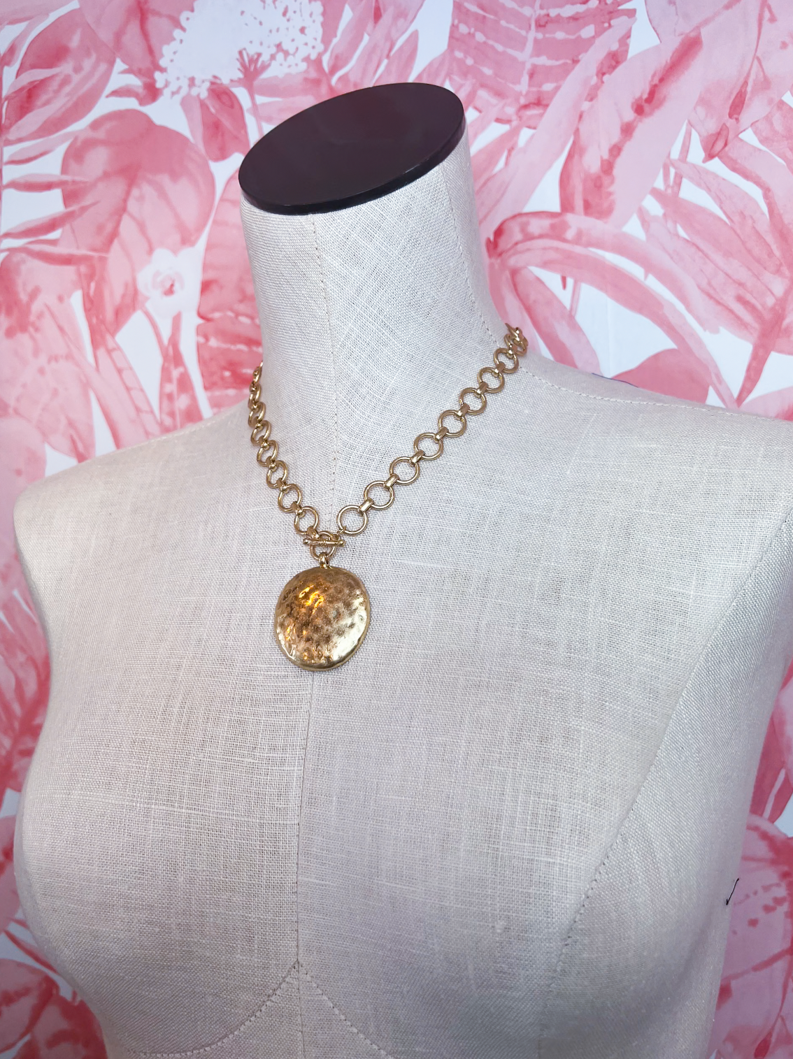 Hammered Metal Coin Pendant Toggle Necklace in Worn Gold *Final Sale*
