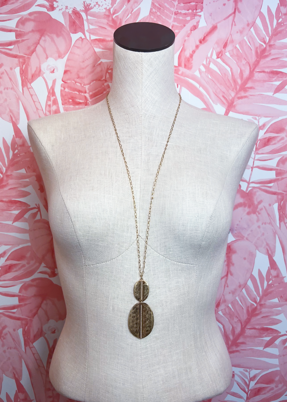Metal Chain Hammered Duo Oval Pendant Long Necklace in Worn Gold *Final Sale*