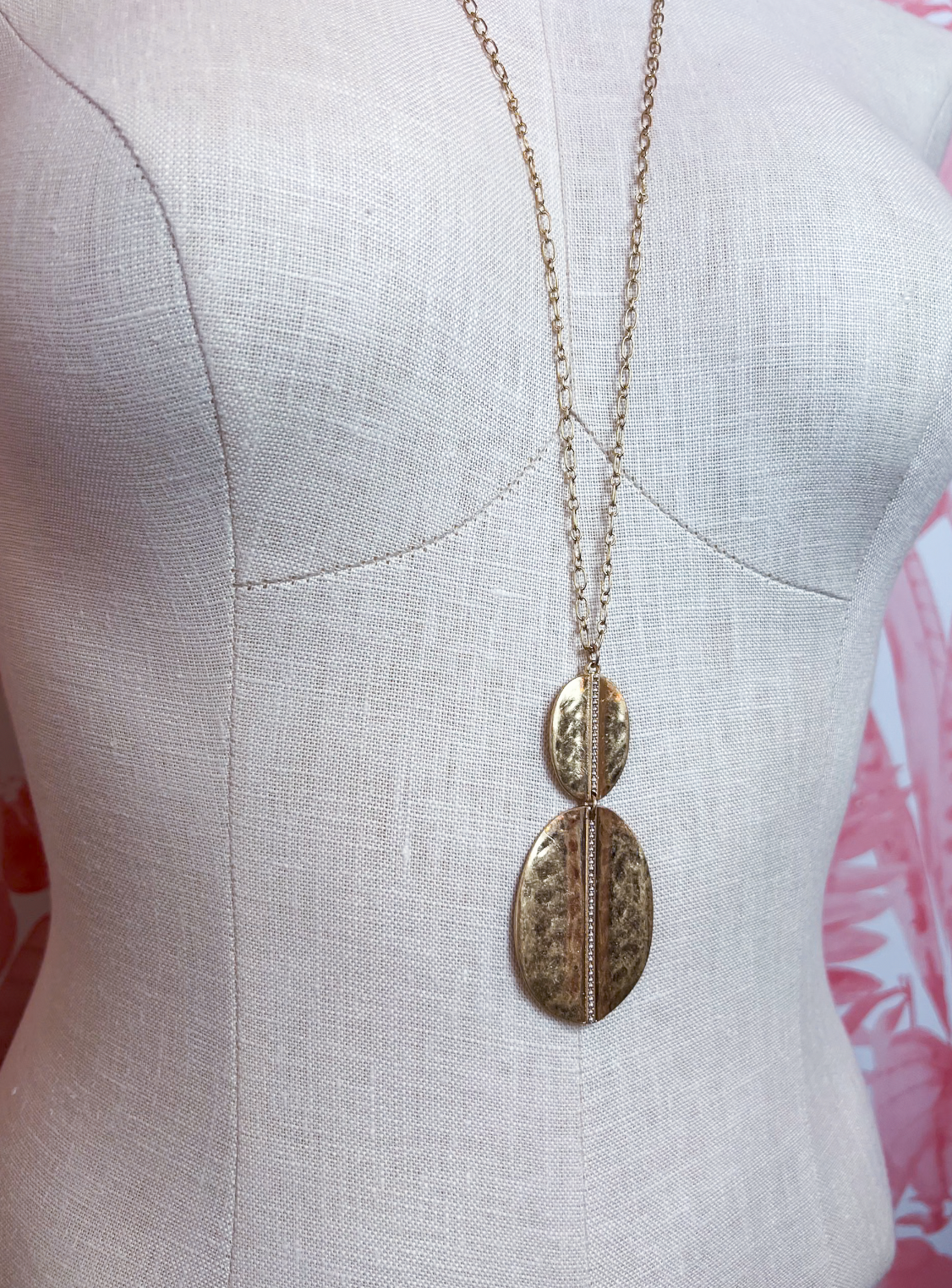 Metal Chain Hammered Duo Oval Pendant Long Necklace in Worn Gold *Final Sale*