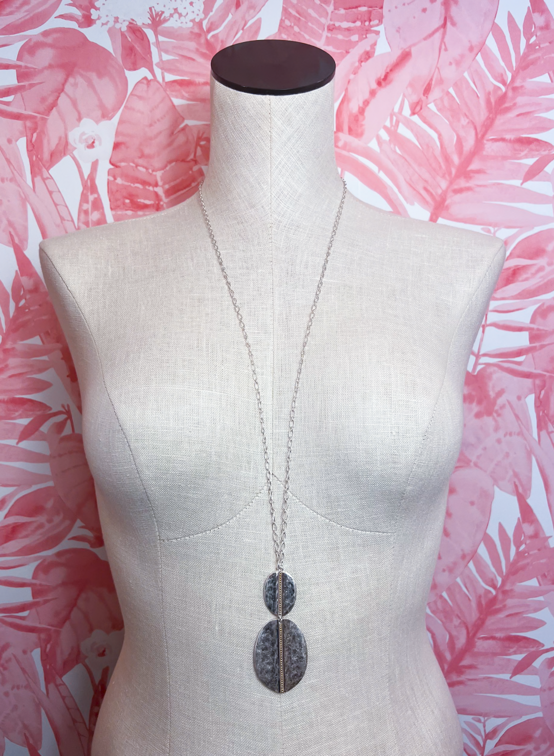Metal Chain Hammered Duo Oval Pendant Long Necklace in Worn Silver *Final Sale*