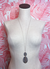 Metal Chain Hammered Duo Oval Pendant Long Necklace in Worn Silver *Final Sale*