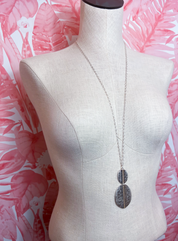 Metal Chain Hammered Duo Oval Pendant Long Necklace in Worn Silver *Final Sale*