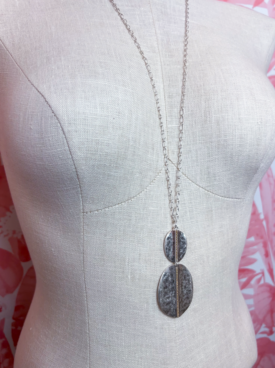 Metal Chain Hammered Duo Oval Pendant Long Necklace in Worn Silver *Final Sale*
