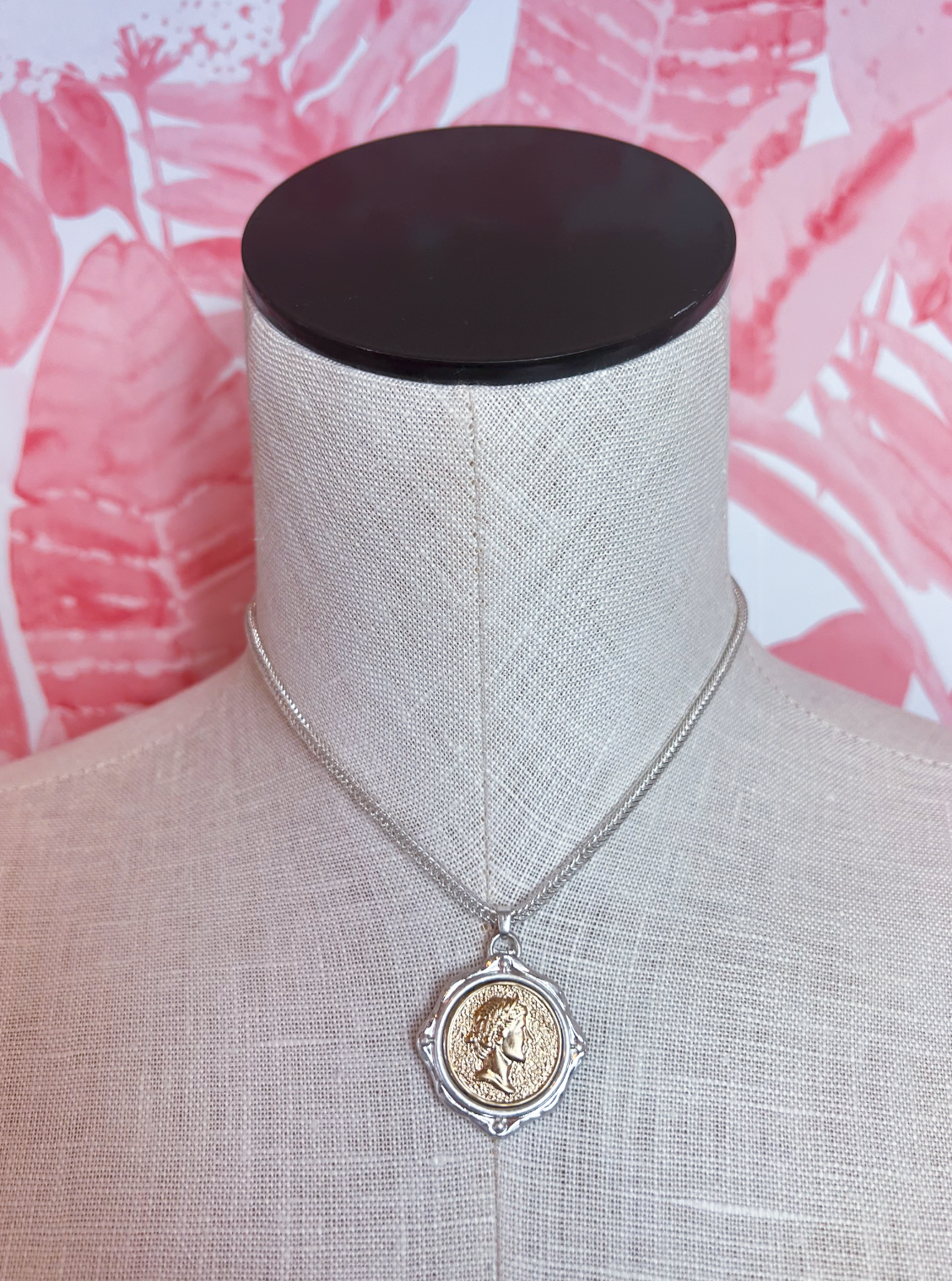 Two-Tone Coin Charm Necklace in Worn Silver *Final Sale*