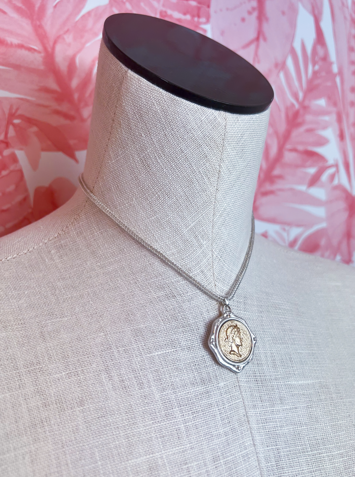 Two-Tone Coin Charm Necklace in Worn Silver *Final Sale*